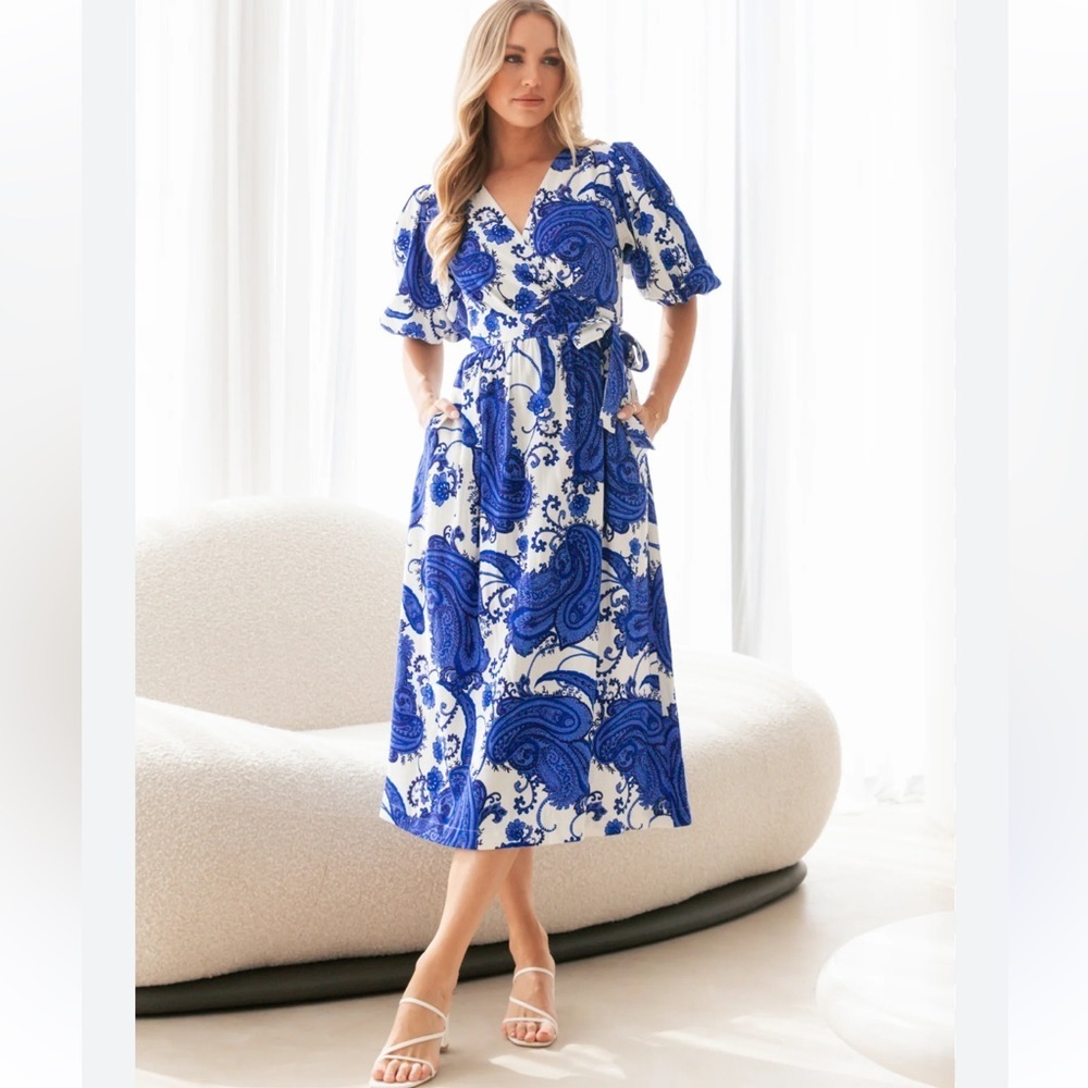 White Closet Midi Wrap Dress In White With Cobalt Print Linen Blend Size M NWT